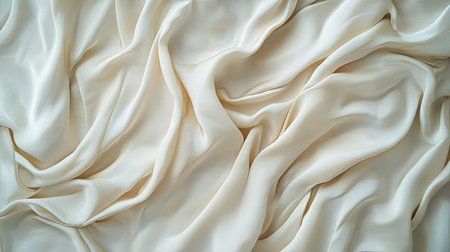 Luxurious golden synthetic silk laid flat with delicate creases forming a subtle, elegant backgroundの素材