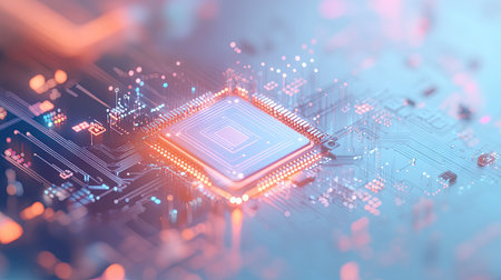 Minimal cloud computing visualization with icons and circuits on a light gradient backgroundの素材