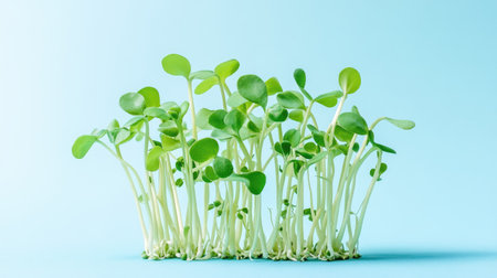 Isolated group of soybean sprouts with green leaves emerging, placed on a pale blue backgroundの素材