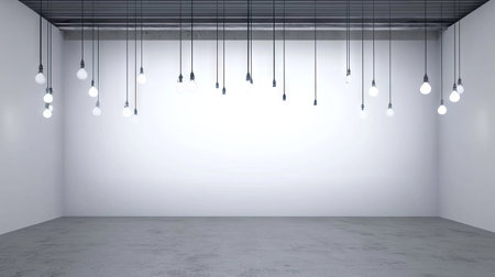 Fluorescent bulbs hanging loosely from wires in a modern studio with white seamless backgroundの素材
