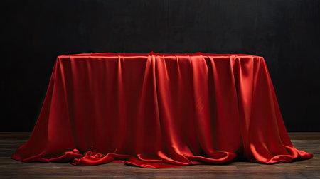 Red silk tablecloth arranged in perfect symmetry, highlighting elegant draping and soft fabricの素材