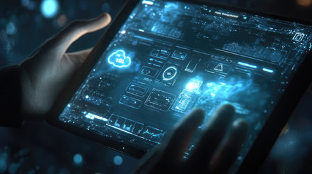 Hand holding a tablet with holographic cloud interface showing files, settings, and security iconsの素材