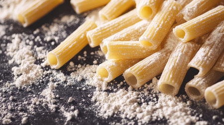 Raw rigatoni and flour scattered on a vintage baking tray, creating a textured Italian food conceptの素材