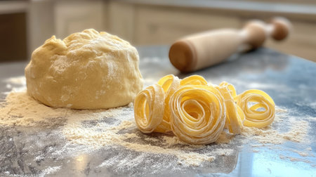 Rolling pin, mound of dough, and floured worktop with spiraled pasta curls besideの素材