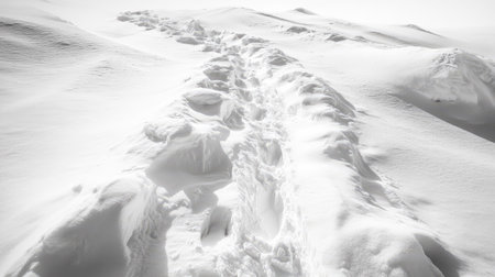 Footpath in snow showing compressed textures, surrounding untouched powder, and long winter shadowsの素材