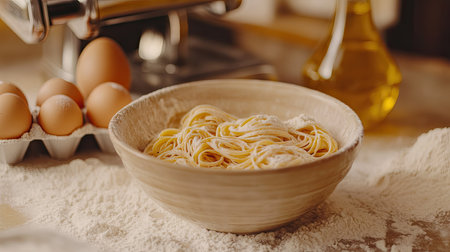 Raw pasta nests in a flour-dusted ceramic bowl, surrounded by eggs, olive oil, and a pasta machineの素材