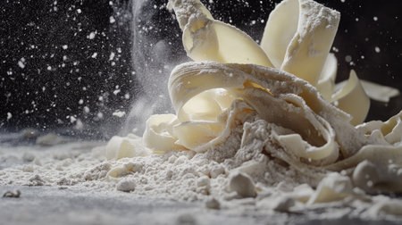 Pasta dough being cut into ribbons, flour flying in the air and covering the work surfaceの素材