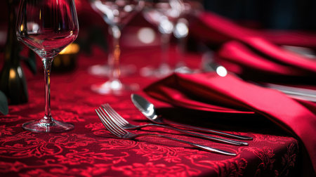 Red silk tablecloth with subtle embroidery under warm lighting, set for a formal eveningの素材