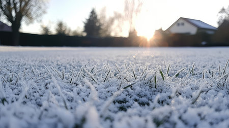 Thin layer of snow on a frozen field, revealing grass textures beneath and soft layering of flakesの素材