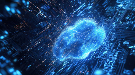 Digital cloud hovering over a motherboard with lines and circuits symbolizing connectivityの素材