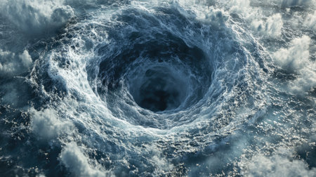 Powerful whirlpool underwater creating a circular motion with foam and bubbles swirling rapidlyの素材