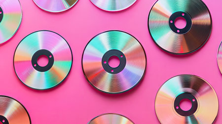Flat lay of multiple CDs with vivid iridescent reflections spread across a pastel backgroundの素材