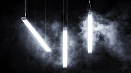 Glowing white fluorescent lights hanging at various angles in front of a smoky black backgroundの素材