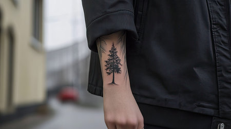 Minimal tree line tattoo wrapped around the forearm, shown against a clean outdoor or urban backdropの素材