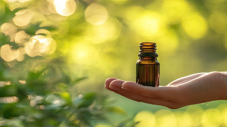 Hand holding a small essential oil bottle against a blurred garden or nature backgroundの素材