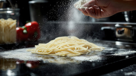 Pasta-making process with a hand sprinkling flour over freshly cut noodles on a kitchen counterの素材