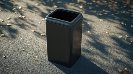 Outdoor plastic bin with lid flipped back, black liner inside, positioned on asphalt with soft shadowsの素材