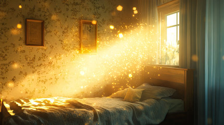 Soft ambient rays illuminating floating dust in a quiet, nostalgic childhood bedroomの素材