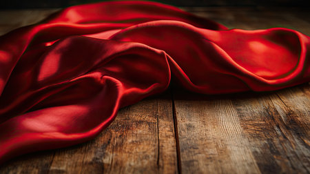 Red silk tablecloth partially covering a wooden table, revealing contrast in texture and toneの素材