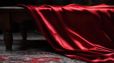 Red silk tablecloth partially covering a wooden table, revealing contrast in texture and toneの素材
