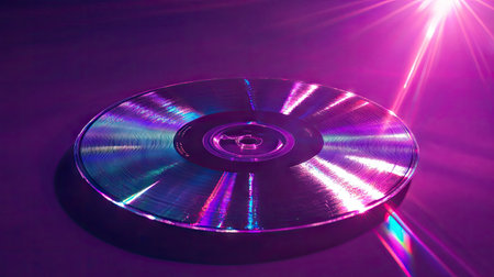 Vividly lit CD on a purple background with light flares and gradient hues reflecting outwardの素材