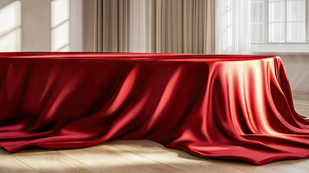 Red silk tablecloth flowing over table edges with realistic shadows and natural foldsの素材