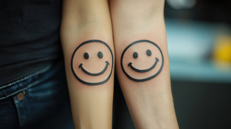 Simplified matching tattoos of smiley faces on two friends' arms, with hands held side by sideの素材