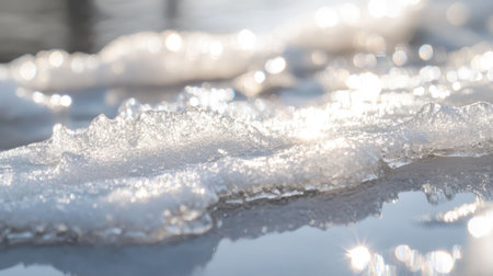 Smooth, reflective snow crust broken by subtle ridges and sparkling frost details under bright daylightの素材