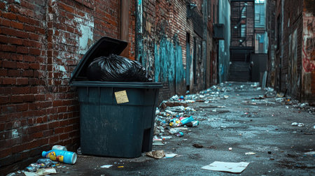 Urban alleyway with a trash can, lid open, black garbage bag peeking out, and scattered litter aroundの素材