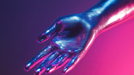 Beautiful female hand with metallic silver skin sparkling under pink and blue neon lightingの素材