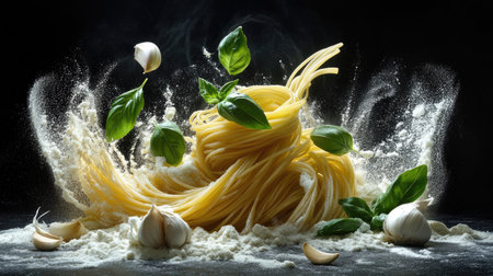 Uncooked spaghetti and flour arranged artistically with garlic cloves and basil leaves on a dark backgroundの素材