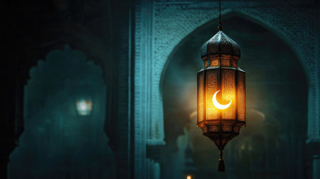 A hanging lantern lamp glowing softly inside a mosque courtyard, crescent moon centered above the domeの素材
