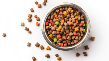 A full metal bowl with mixed dry food for pets, surrounded by a few kibble crumbs on a white backdropの素材