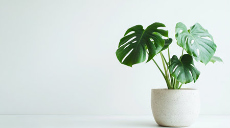 A vibrant Monstera plant with large glossy leaves in a minimalist ceramic pot, standing on a bright white backgroundの素材