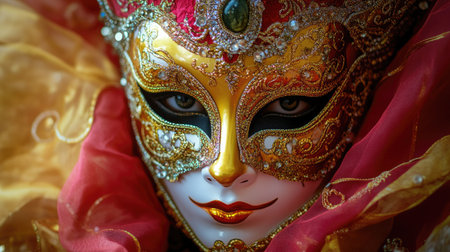 Close-up of a carnival mask with intricate patterns and shimmering decorations against a soft fabric backgroundの素材