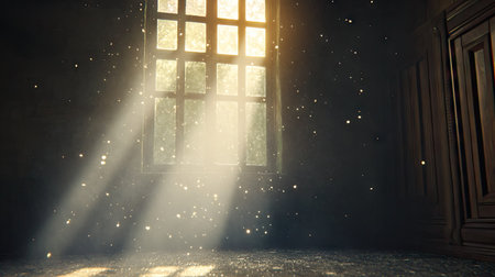 Sunlight streaming through an old window, illuminating floating dust particles in a dark, moody roomの素材
