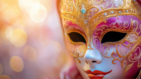 Close-up of a vibrant Venetian carnival mask with intricate gold detailing against a soft gradient backdropの素材