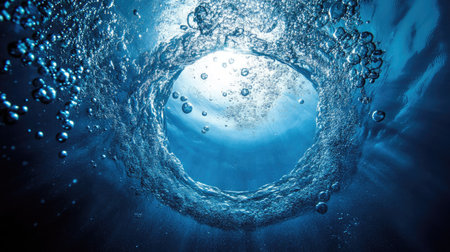 Underwater view of a swirling vortex pulling light and bubbles into its center, with deep blue tonesの素材