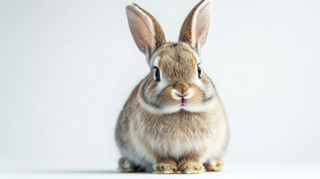 Baby rabbit sitting upright, ears perked, against a smooth white background with soft shadowsの素材
