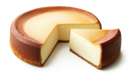 A whole round cheesecake with a smooth surface and one slice slightly pulled out, isolated on white backgroundの素材