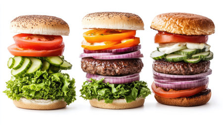 Classic burger ingredients displayed in stacking order from bun to patty to toppings, isolated on whiteの素材