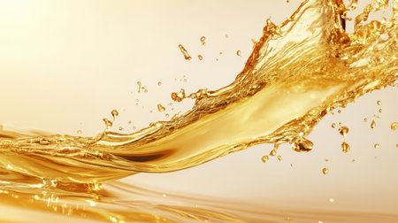 Artistic close-up of golden oil splash and droplets with soft highlights on a light gradient backgroundの素材