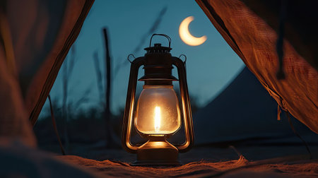 A rustic lantern lamp glowing softly in a desert tent, with the crescent moon visible through the open flapの素材