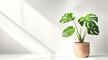 Beautiful Monstera in a simple clay pot, leaves casting soft shadows on a bright white backgroundの素材