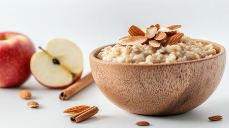 Bowl of oatmeal with cinnamon, apples, and almonds, placed on a white background with minimal shadowsの素材