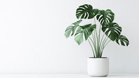 Bold tropical Monstera with detailed leaf structure in a matte pot, displayed on clean whiteの素材