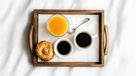 Breakfast tray with juice, coffee, and a pastry, overhead view isolated on a white backgroundの素材