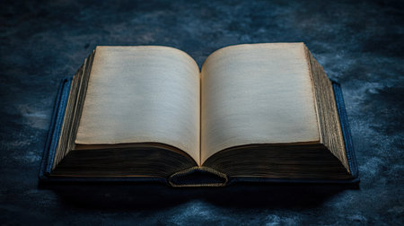 Close-up of an open blank book on a dark surface, subtle shadows creating a moody atmosphereの素材