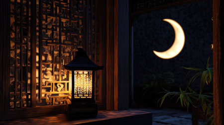 A cozy nighttime interior with a lantern casting light on intricate patterns, crescent moon visible through lattice windowの素材