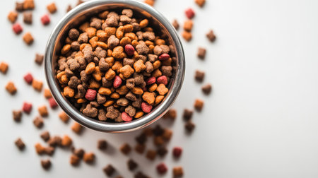 A full metal bowl with mixed dry food for pets, surrounded by a few kibble crumbs on a white backdropの素材